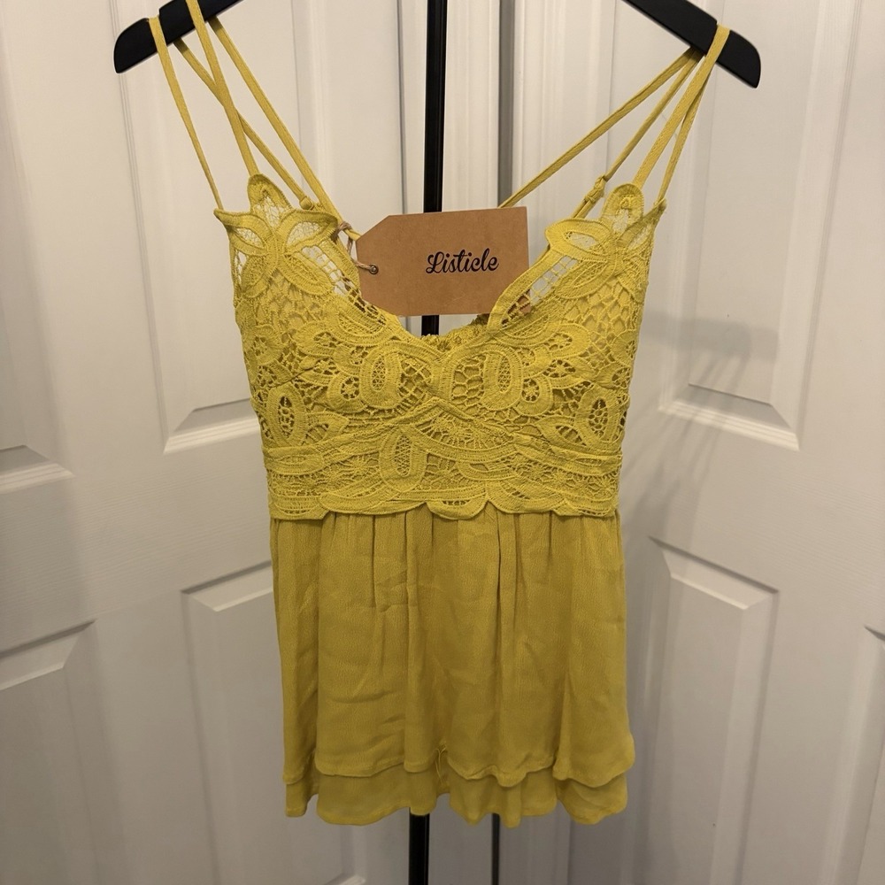 Listicle Mustard Yellow Crochet Lace top Med Smocked Back Criss-Cross Straps NWT